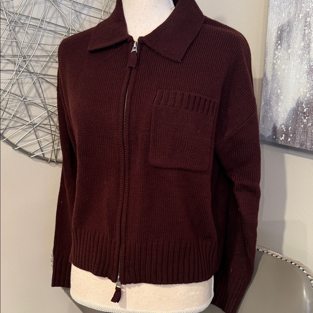 Design History Zip-Front Knit Cardigan in Deep Burgundy size medium